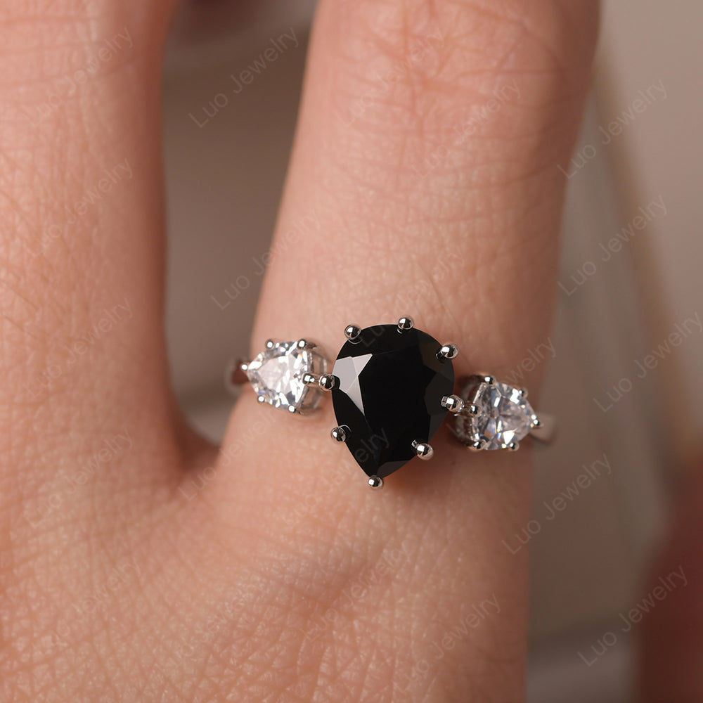 Pear Black Spinel Ring With Trillion Side Stone - LUO Jewelry