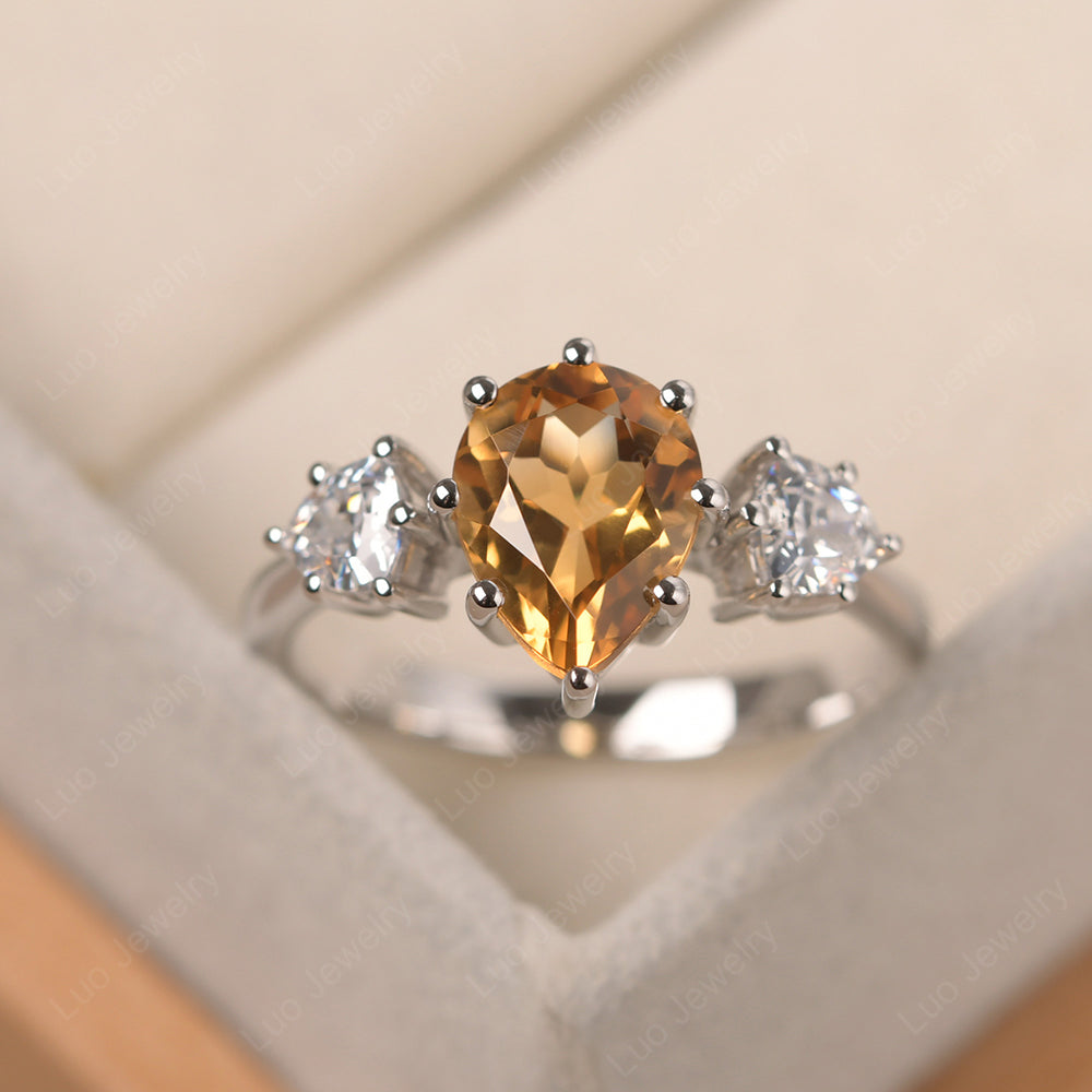 Pear Citrine Ring With Trillion Side Stone - LUO Jewelry