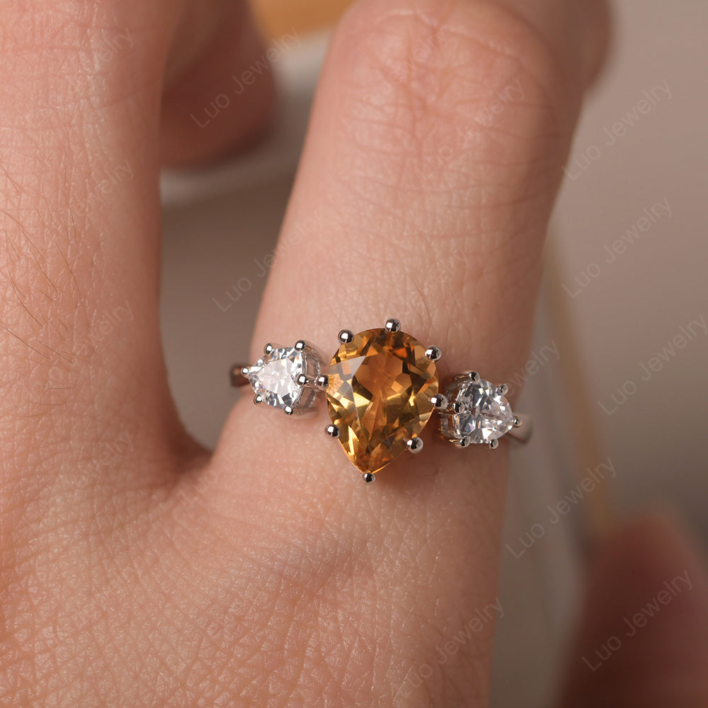 Pear Citrine Ring With Trillion Side Stone - LUO Jewelry
