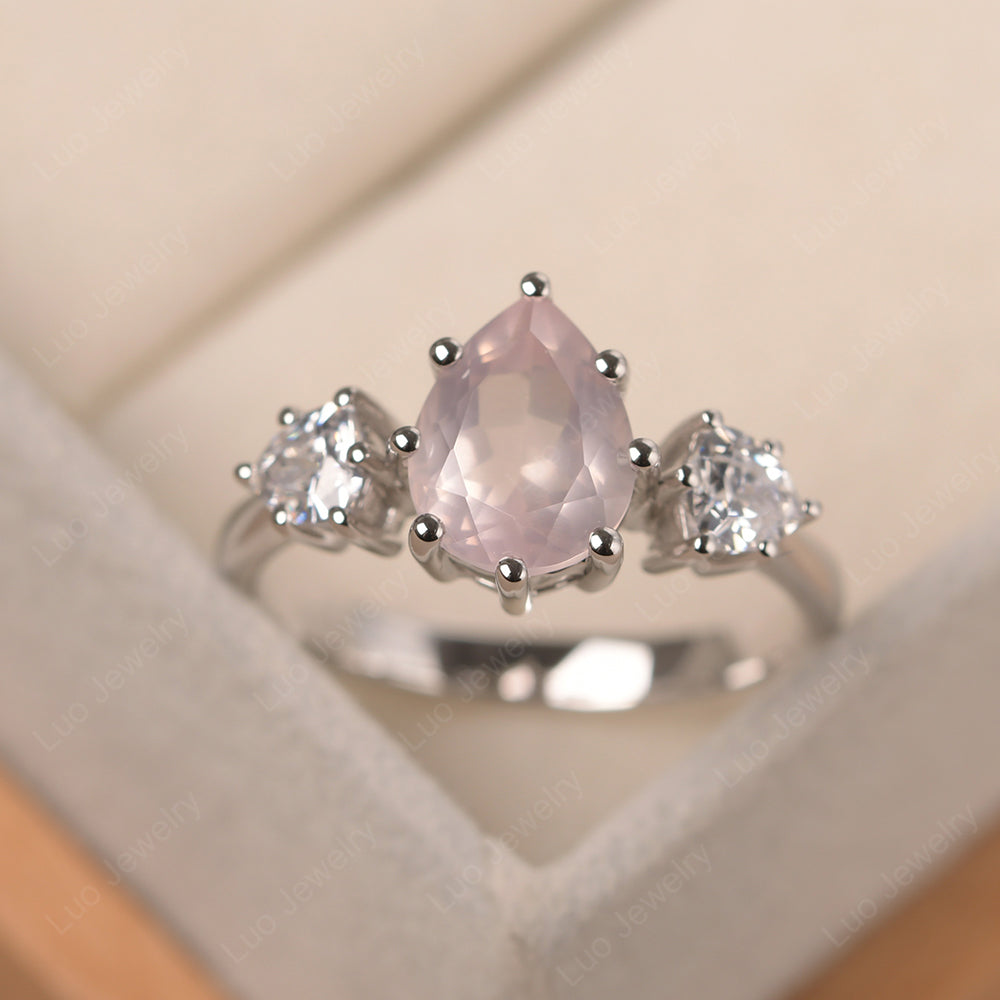 Pear Rose Quartz Ring With Trillion Side Stone - LUO Jewelry