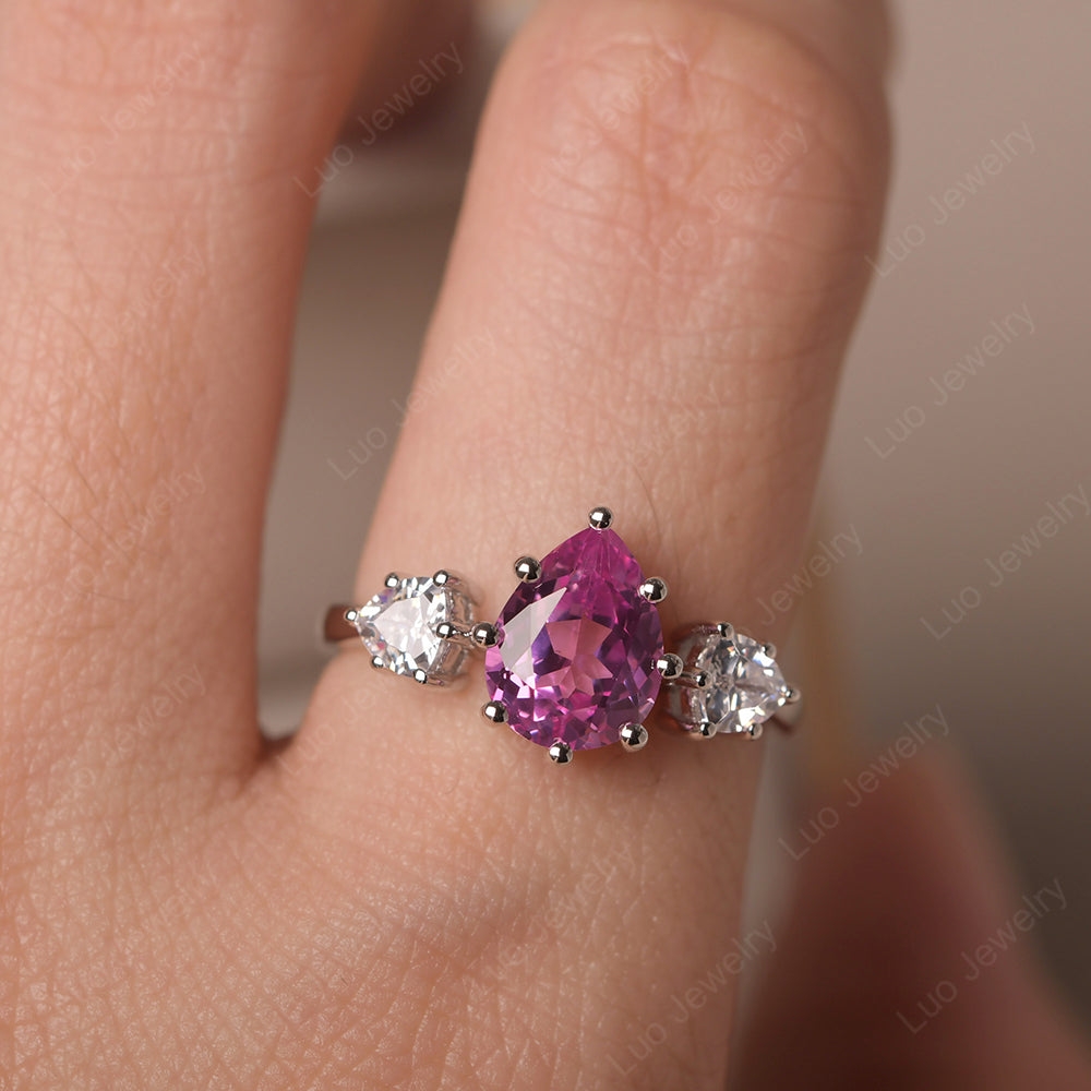Pear Pink Sapphire Ring With Trillion Side Stone - LUO Jewelry