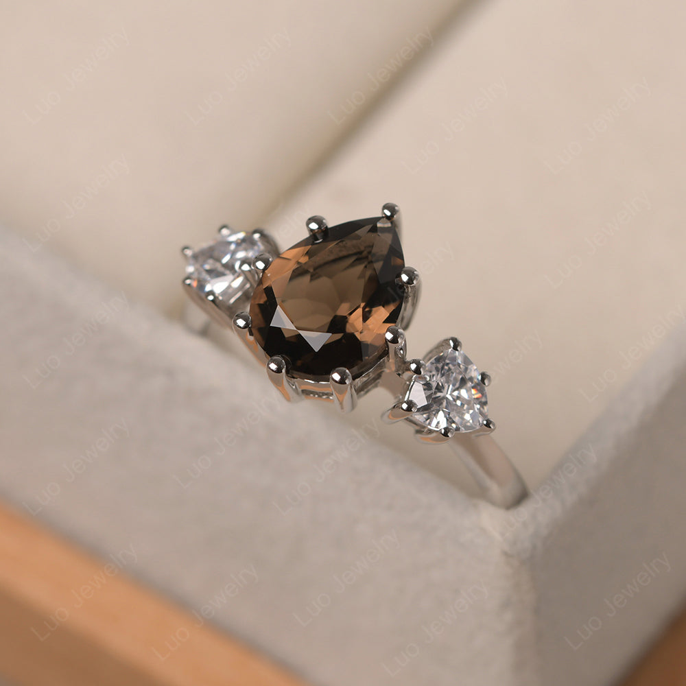 Pear Smoky Quartz  Ring With Trillion Side Stone - LUO Jewelry