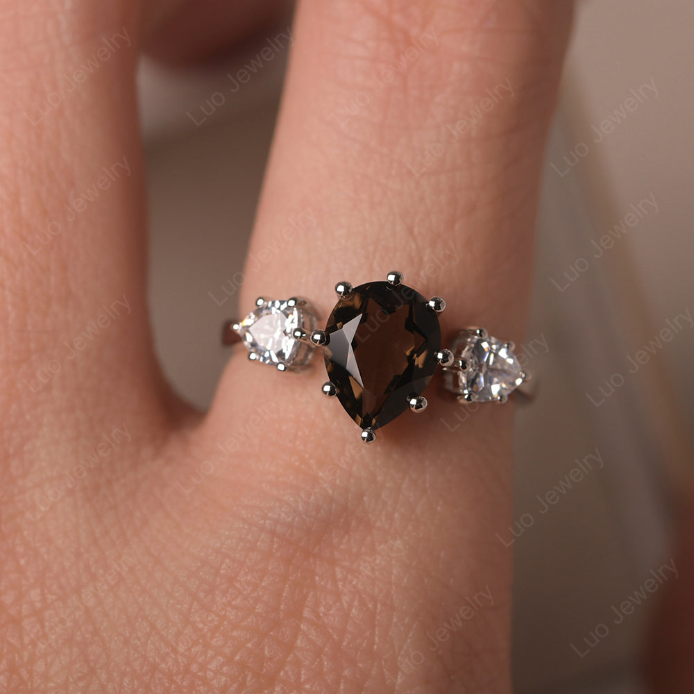 Pear Smoky Quartz  Ring With Trillion Side Stone - LUO Jewelry