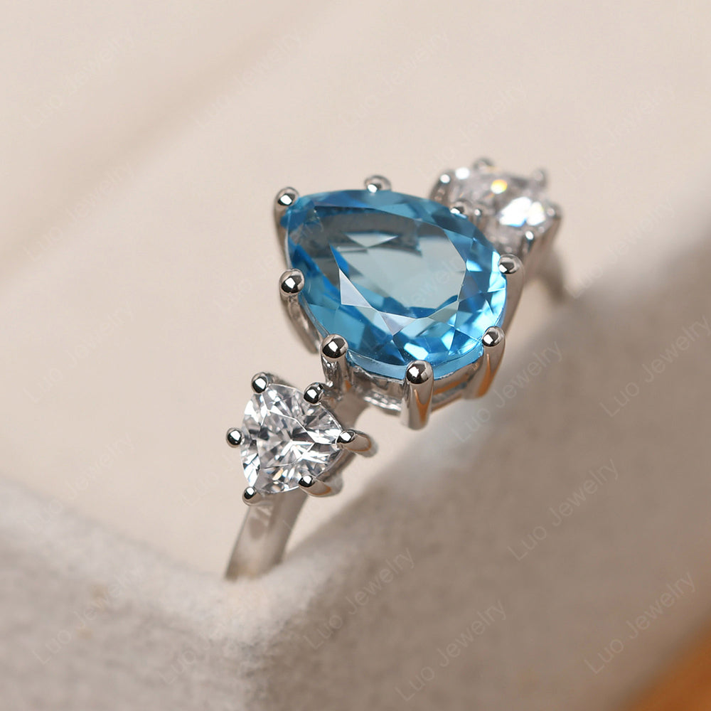 Pear Swiss Blue Topaz Ring With Trillion Side Stone - LUO Jewelry