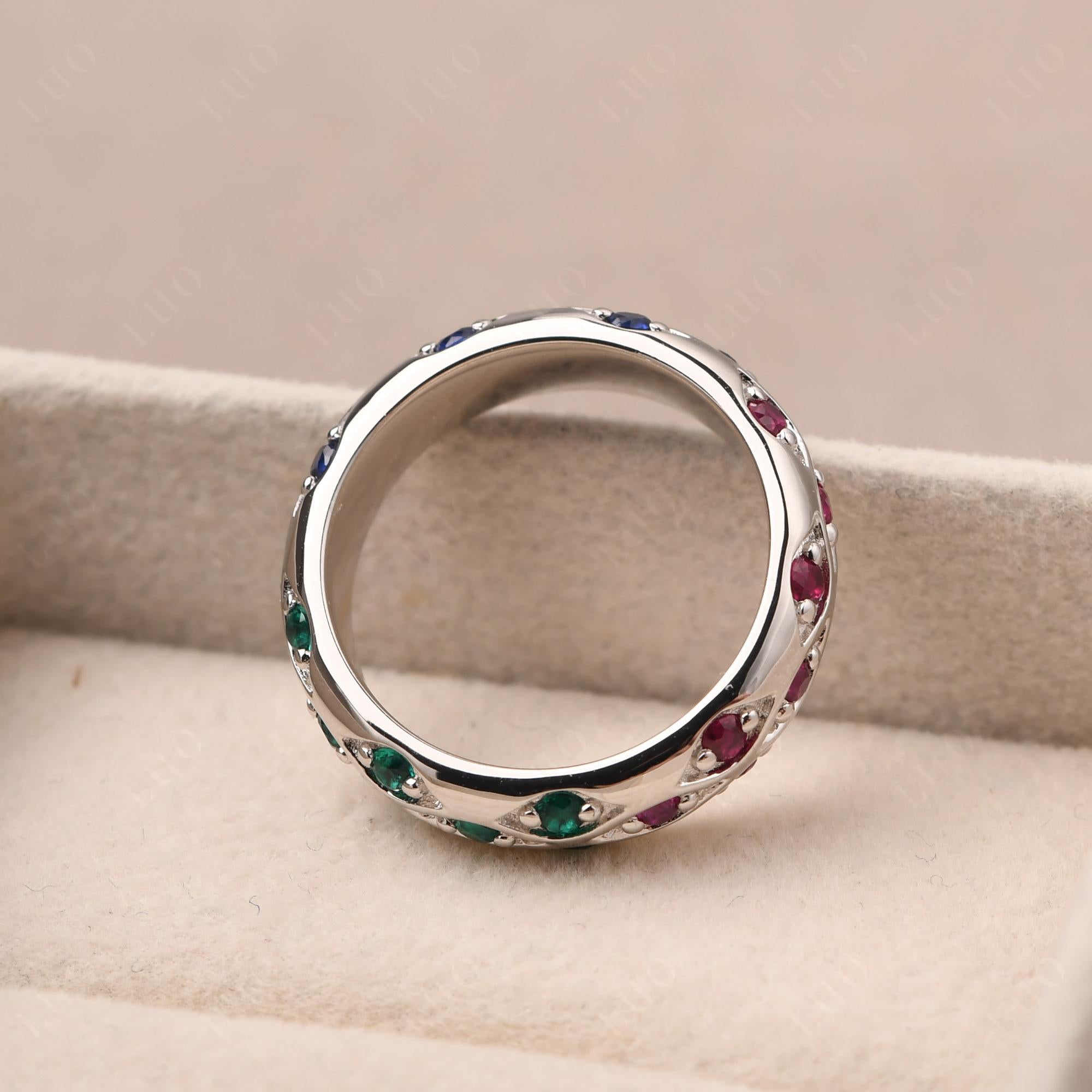 Lab Grown Emerald and Ruby and Sapphire Wide Band Eternity Ring - LUO Jewelry