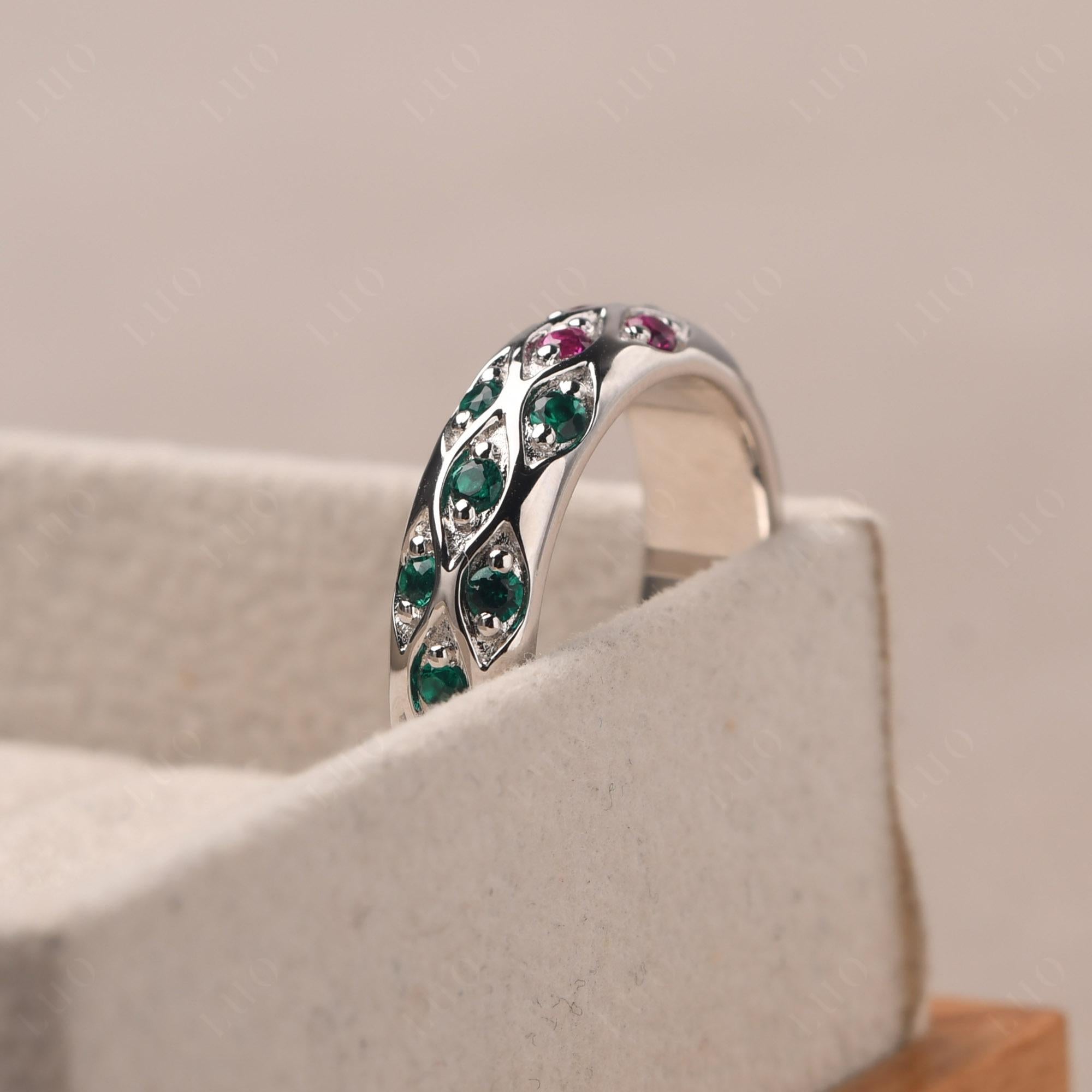Lab Grown Emerald and Ruby and Sapphire Wide Band Eternity Ring - LUO Jewelry