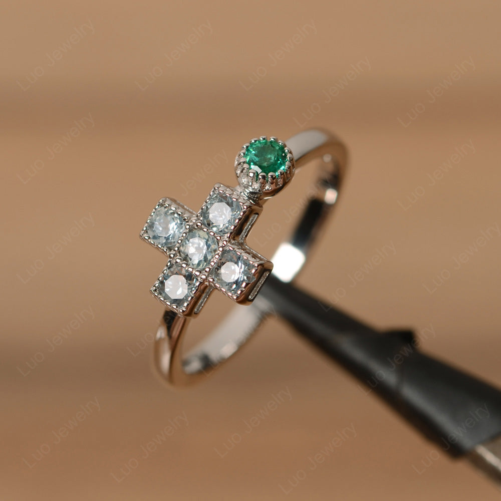 Aquamarine And Emerald Cross Ring Mothers Ring 6 Stone - LUO Jewelry