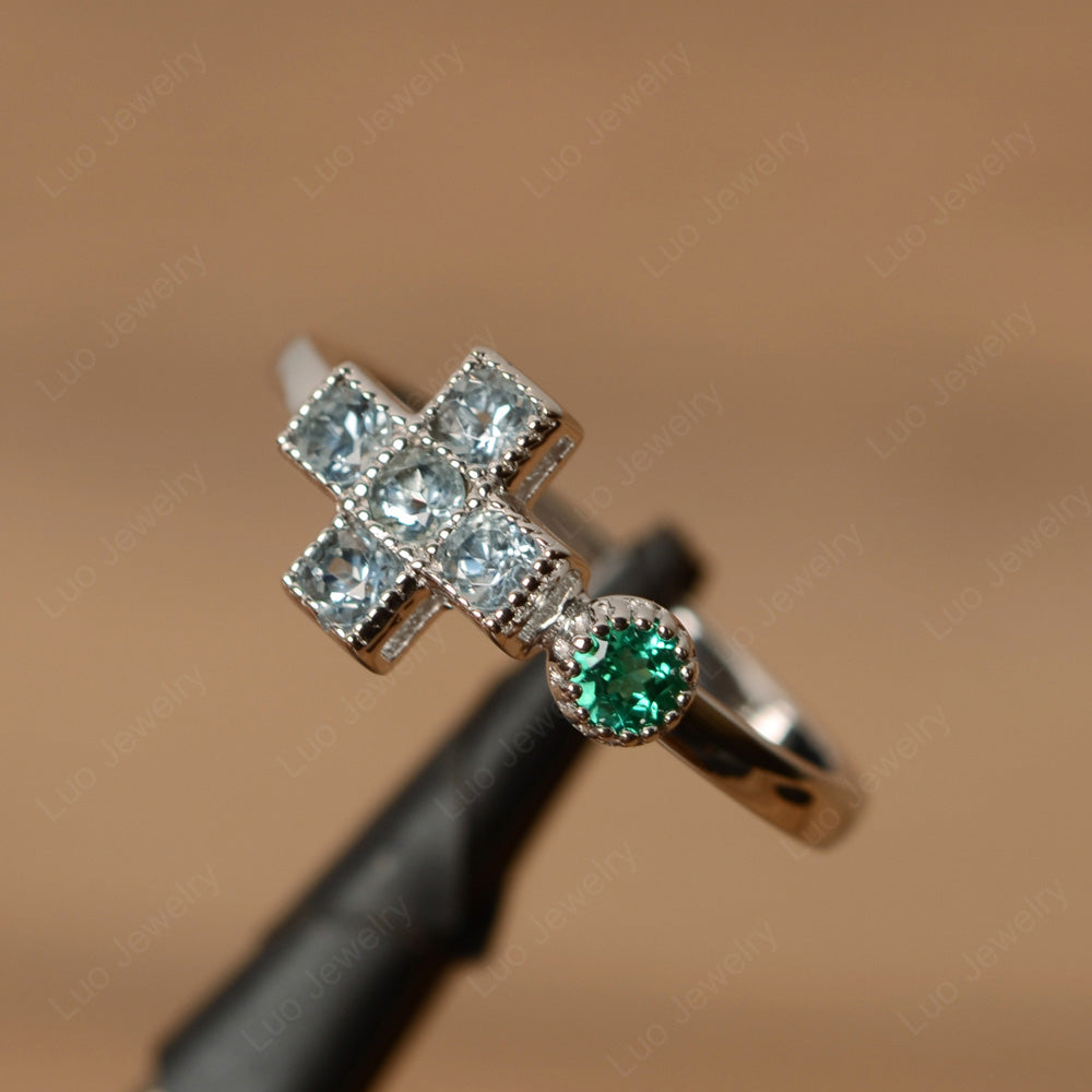 Aquamarine And Emerald Cross Ring Mothers Ring 6 Stone - LUO Jewelry