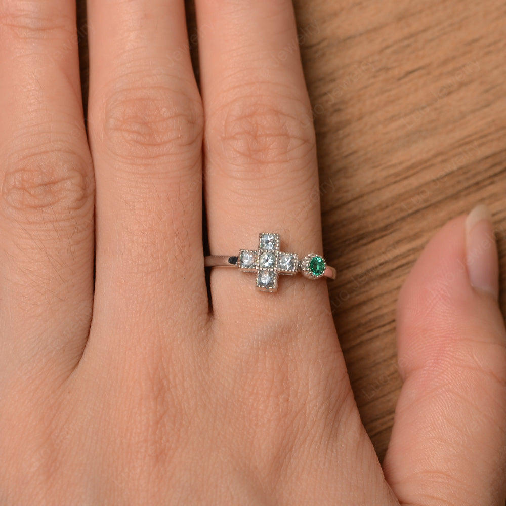 Aquamarine And Emerald Cross Ring Mothers Ring 6 Stone - LUO Jewelry