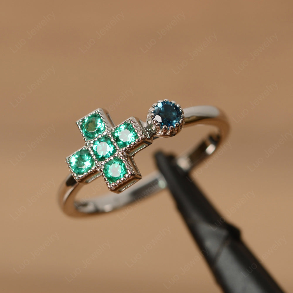 Emerald And Sapphire Cross Ring Mothers Ring 6 Stone - LUO Jewelry