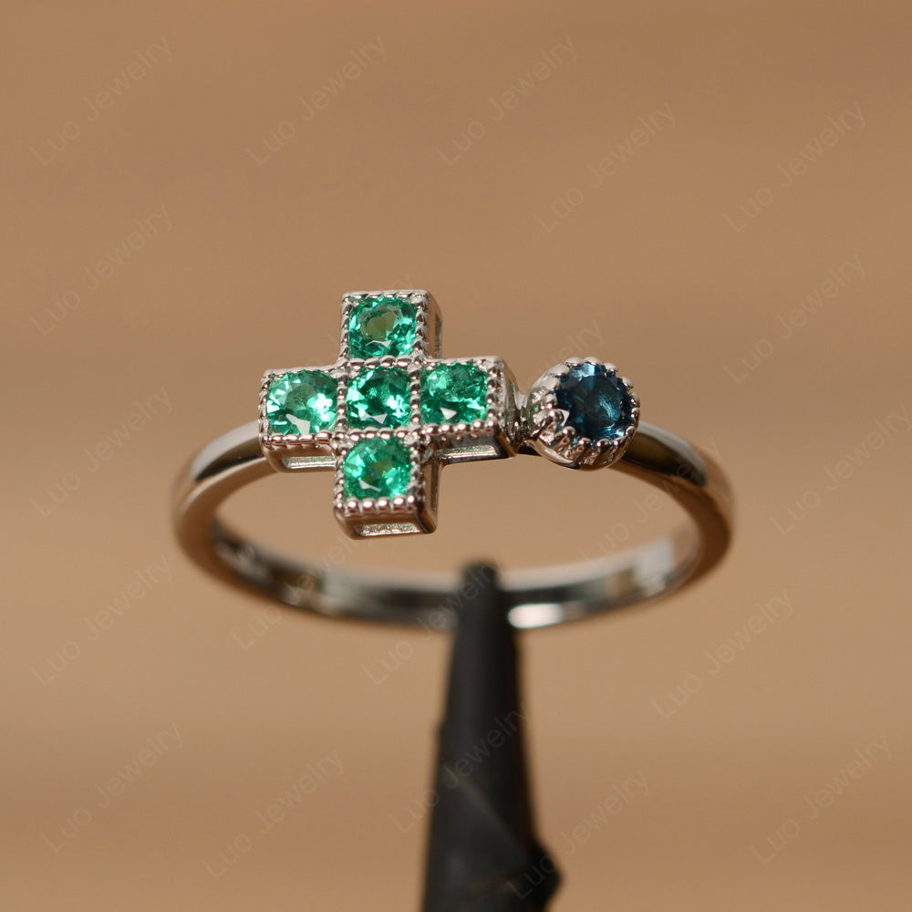 Emerald And Sapphire Cross Ring Mothers Ring 6 Stone - LUO Jewelry