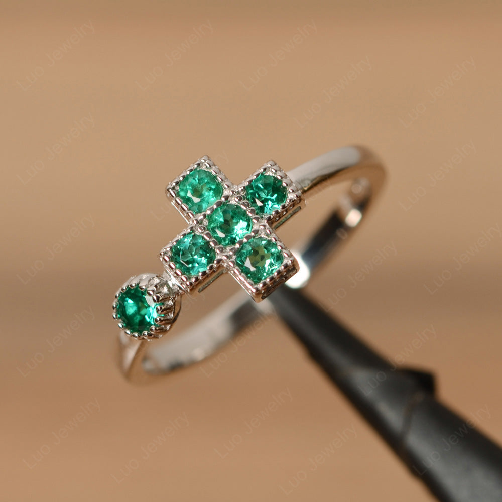 Lab Emerald Cross Ring Mothers Ring 6 Stone - LUO Jewelry