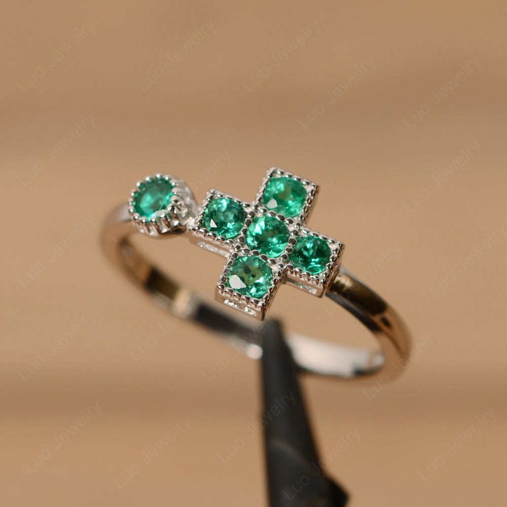 Lab Emerald Cross Ring Mothers Ring 6 Stone - LUO Jewelry