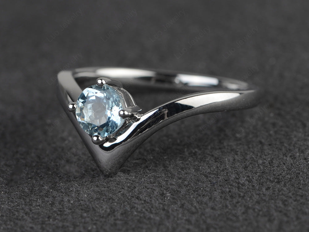 V Shaped Aquamarine Solitaire Wedding Ring - LUO Jewelry