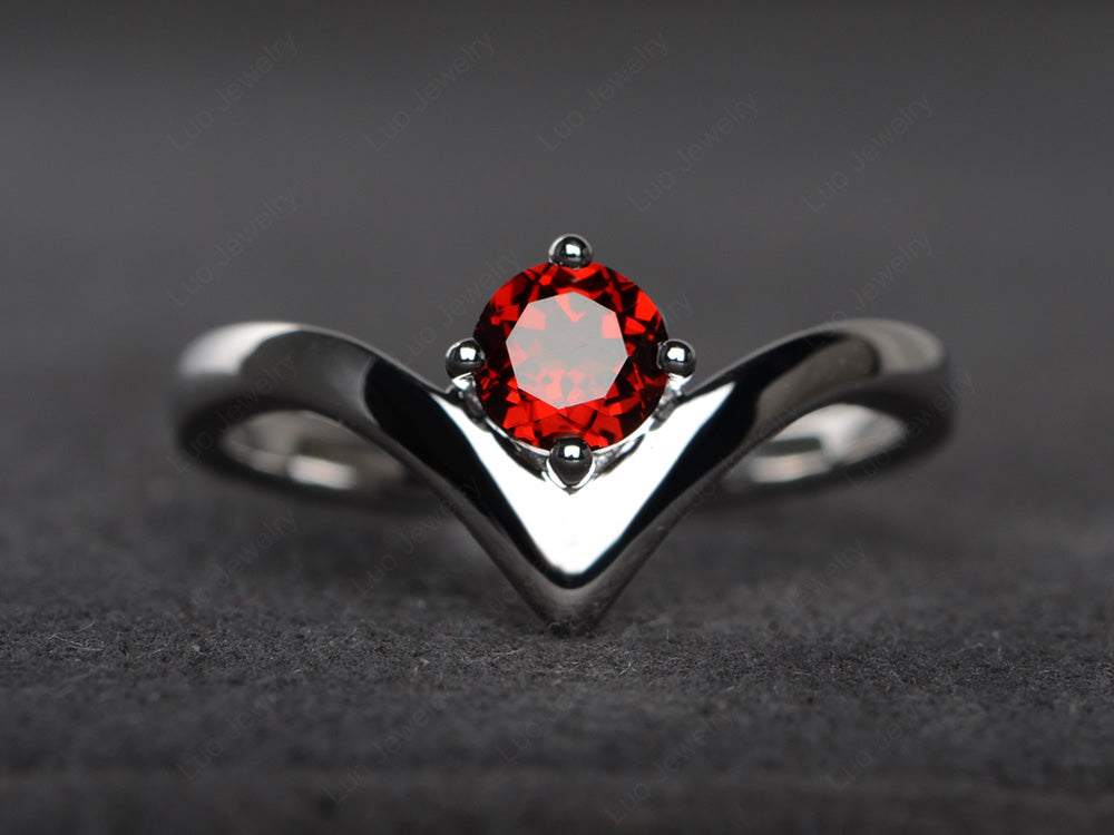 V Shaped Garnet Solitaire Wedding Ring - LUO Jewelry