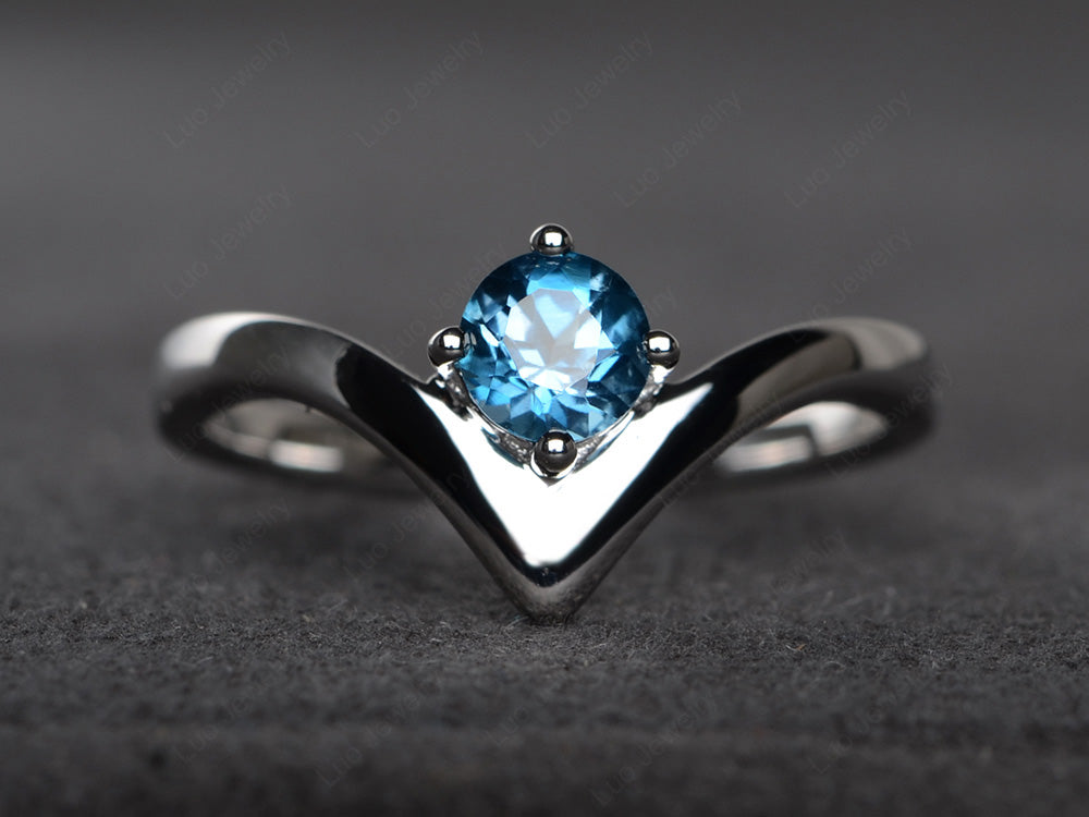 V Shaped London Blue Topaz Solitaire Wedding Ring - LUO Jewelry