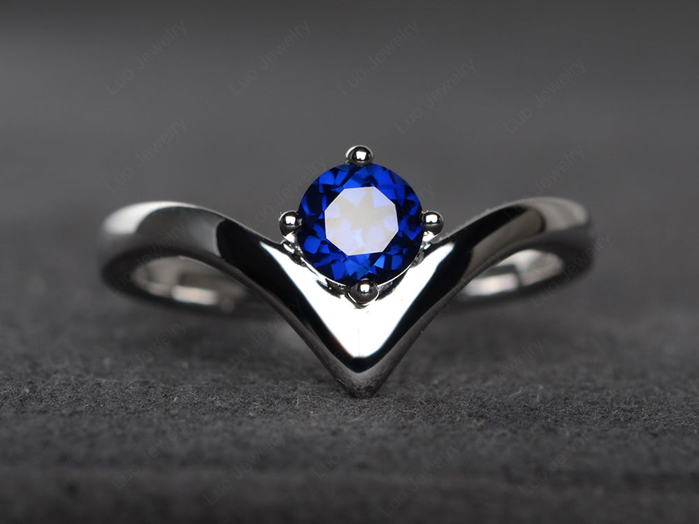 V Shaped Lab Sapphire Solitaire Wedding Ring - LUO Jewelry