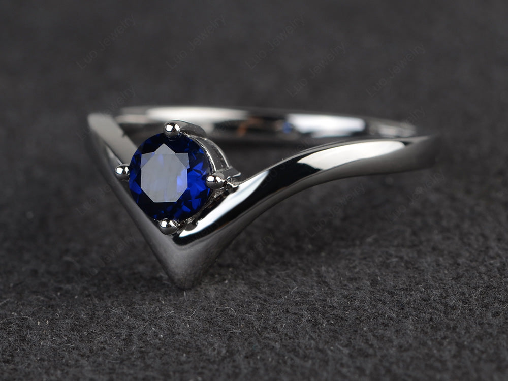 V Shaped Lab Sapphire Solitaire Wedding Ring - LUO Jewelry