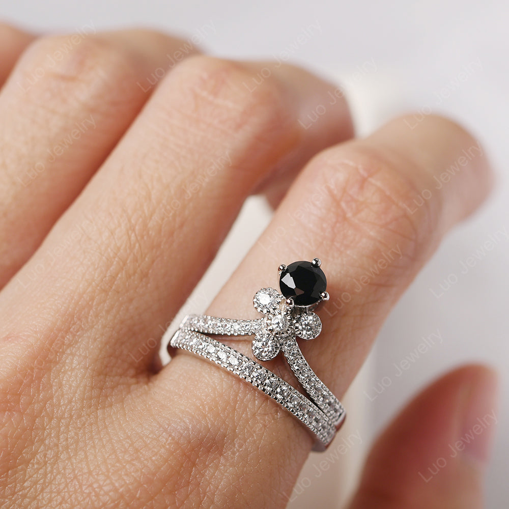 Black Spinel Bridal Set Engagement Ring - LUO Jewelry
