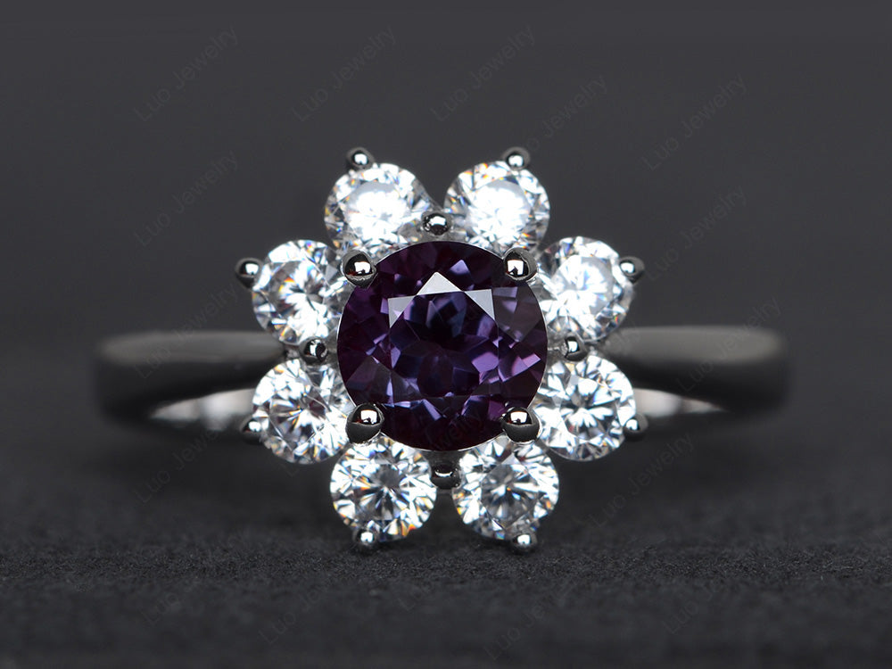 Alexandrite Flower Ring Halo Engagement Rings - LUO Jewelry