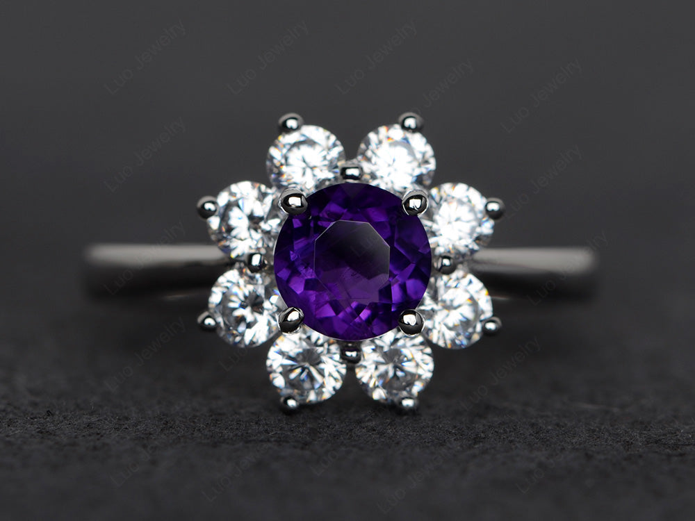 Amethyst Flower Ring Halo Engagement Rings - LUO Jewelry
