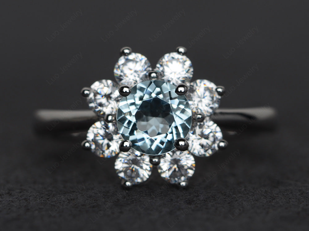 Aquamarine Flower Ring Halo Engagement Rings - LUO Jewelry