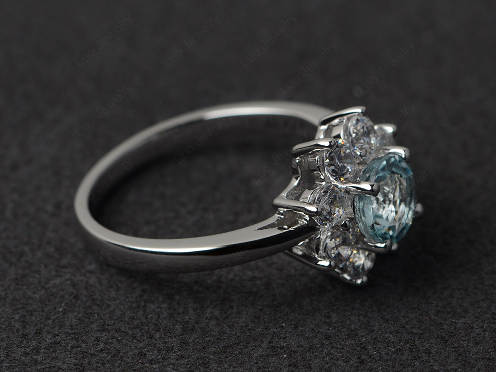 Aquamarine Flower Ring Halo Engagement Rings - LUO Jewelry