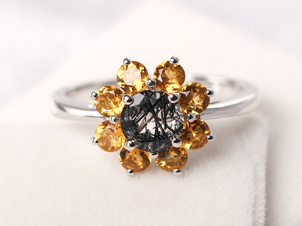 Black Rutilated Quartz Flower Ring Halo Engagement Rings - LUO Jewelry