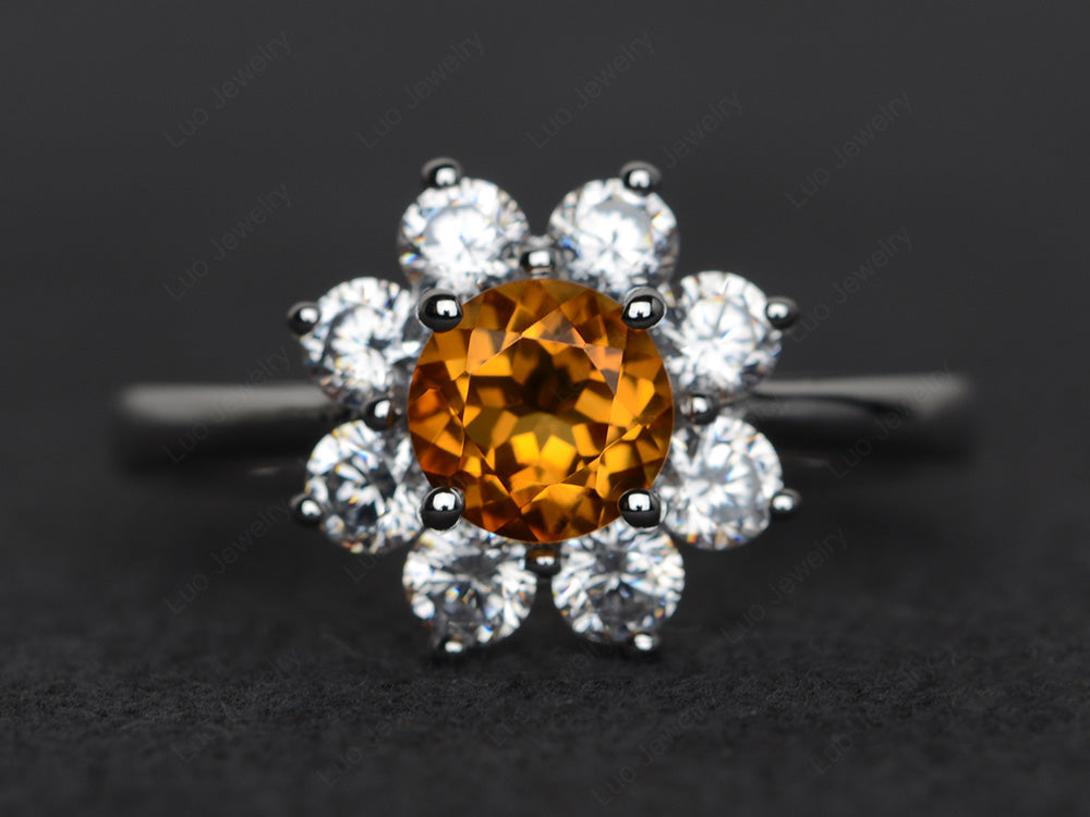 Citrine Flower Ring Halo Engagement Rings - LUO Jewelry
