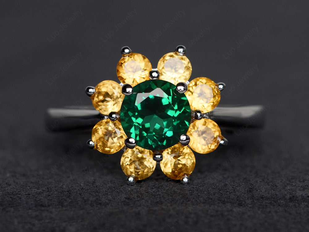 Lab Emerald Flower Ring Halo Engagement Rings - LUO Jewelry