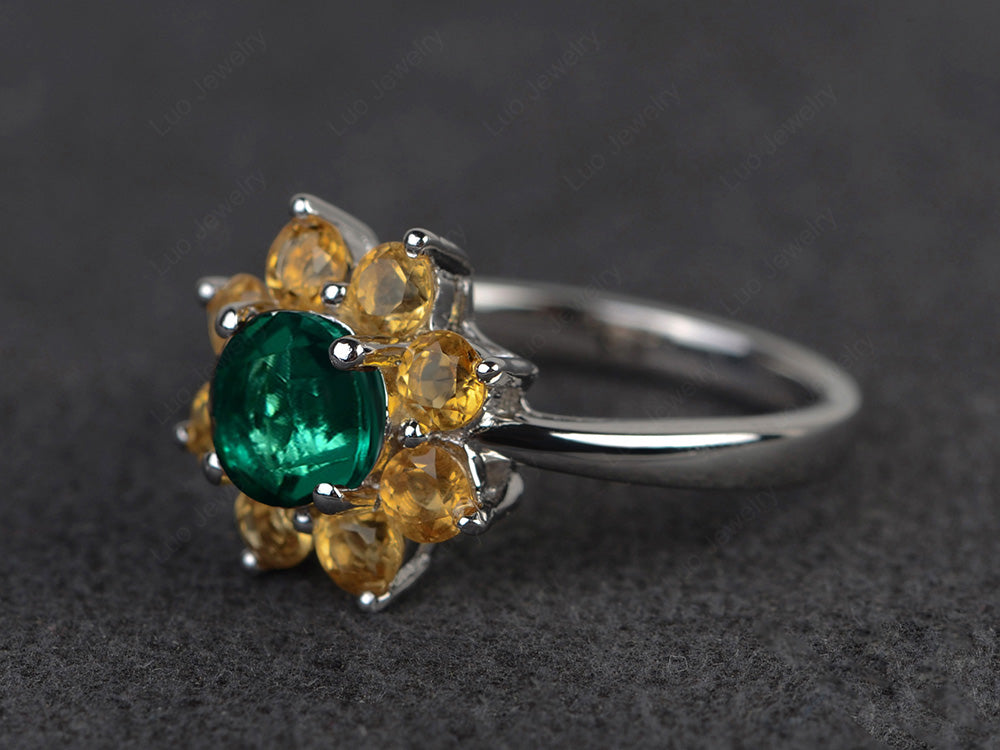 Lab Emerald Flower Ring Halo Engagement Rings - LUO Jewelry