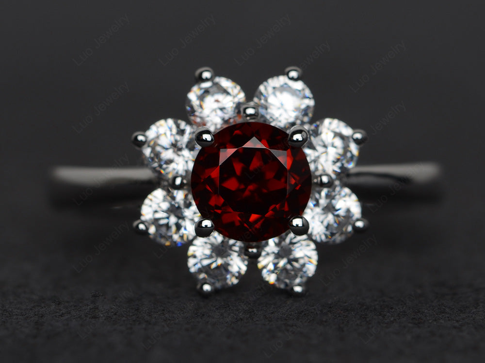 Garnet Flower Ring Halo Engagement Rings - LUO Jewelry