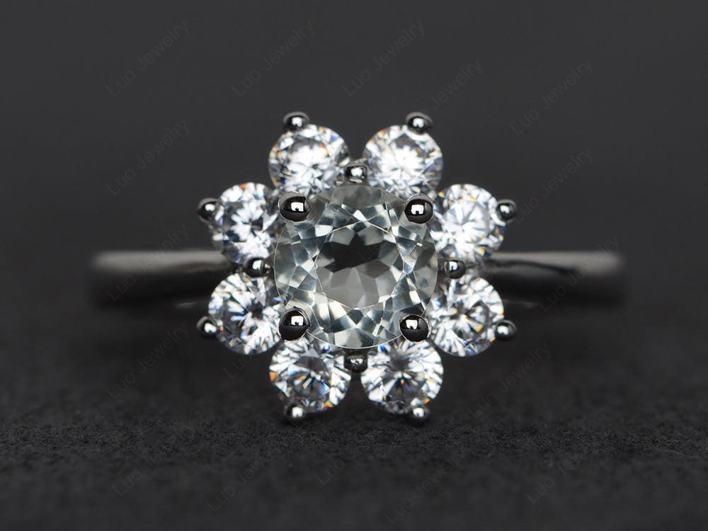 Green Amethyst Flower Ring Halo Engagement Rings - LUO Jewelry