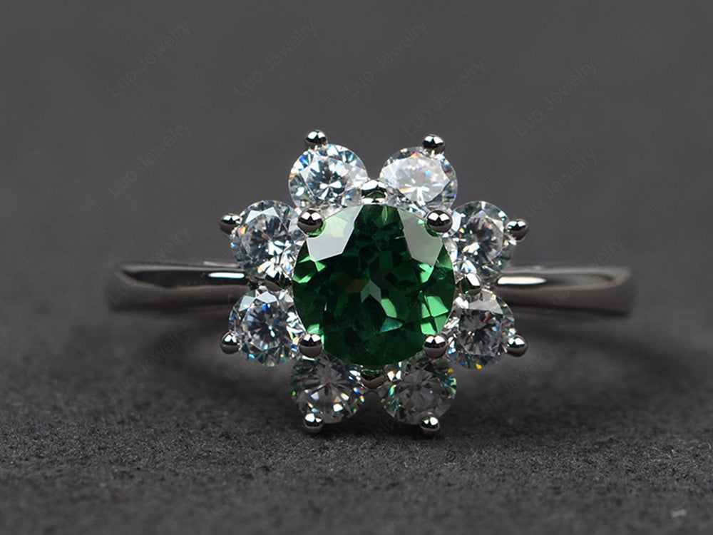 Green Sapphire Flower Ring Halo Engagement Rings - LUO Jewelry