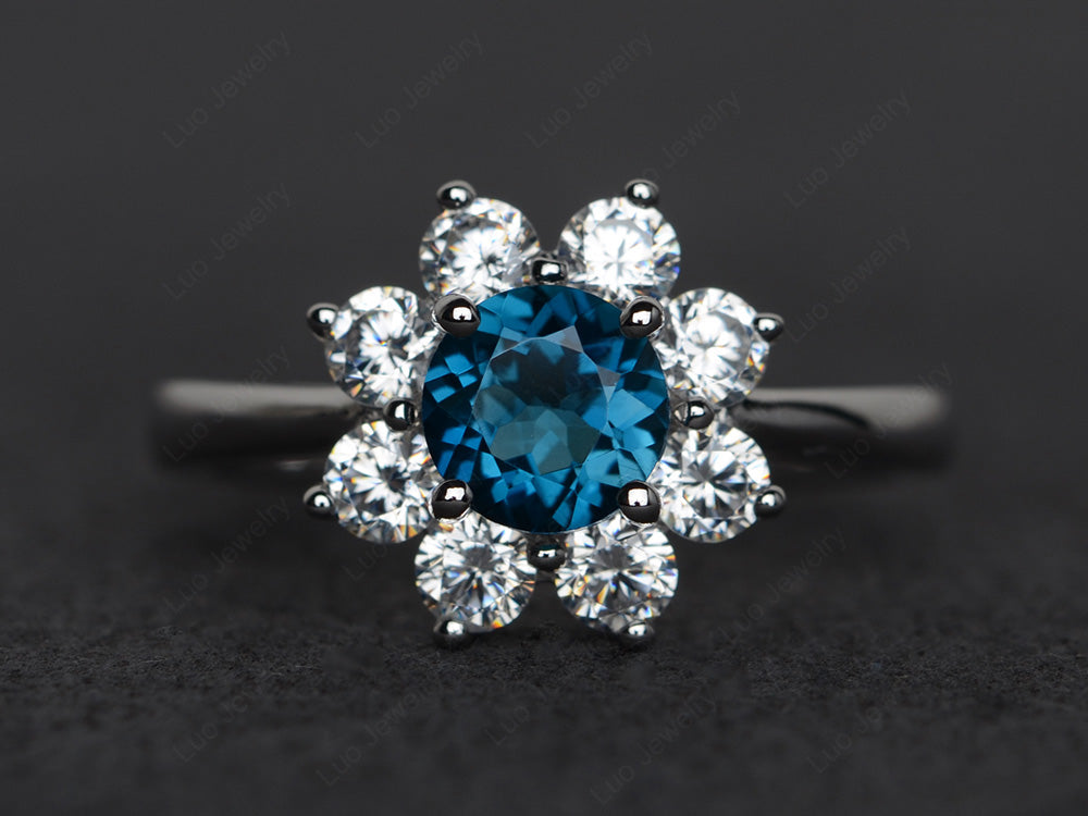 London Blue Topaz Flower Ring Halo Engagement Rings - LUO Jewelry