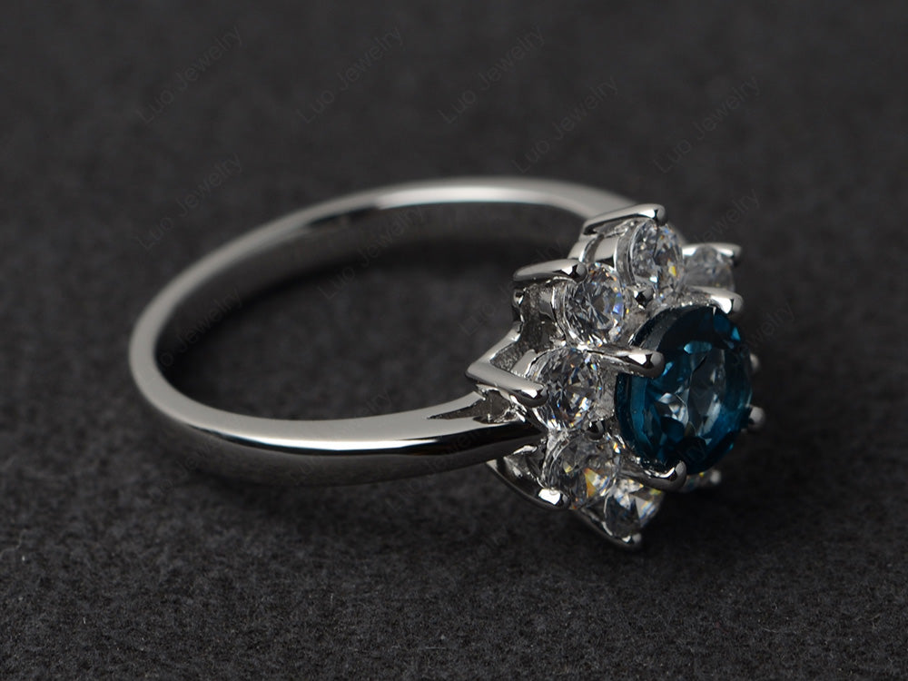 London Blue Topaz Flower Ring Halo Engagement Rings - LUO Jewelry