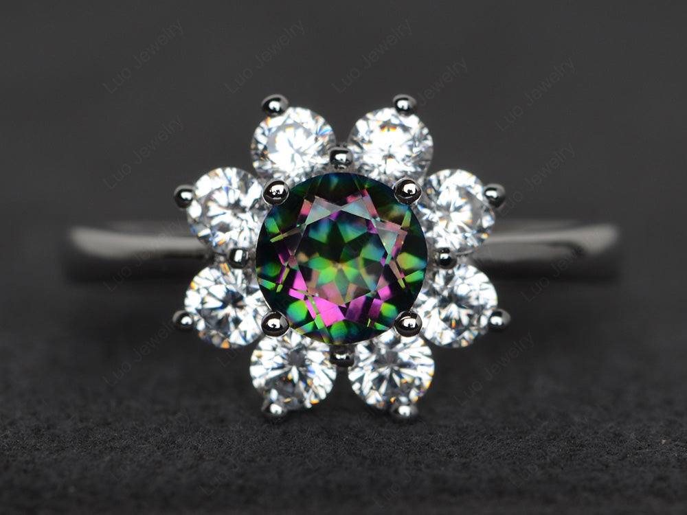 Mystic Topaz Flower Ring Halo Engagement Rings - LUO Jewelry