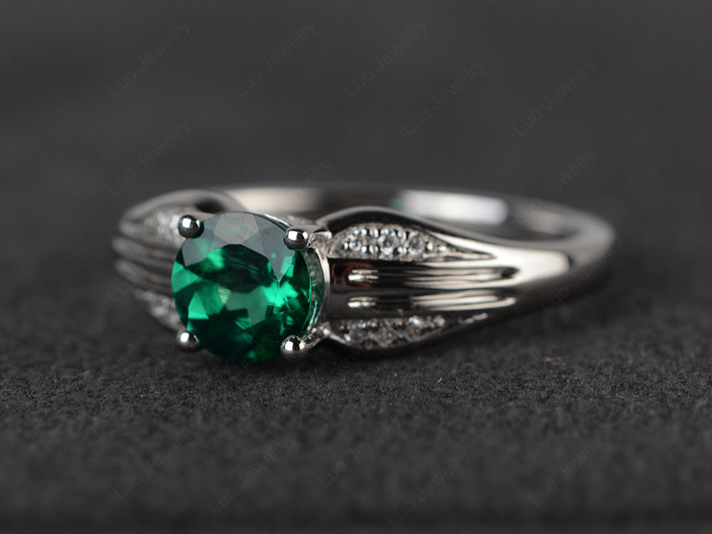 Vintage Lab Emerald Wedding Ring Round Cut Gold - LUO Jewelry