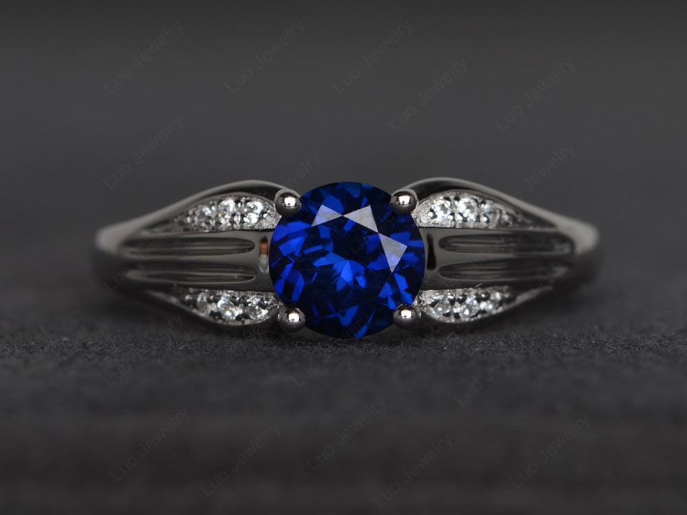Vintage Lab Sapphire Wedding Ring Round Cut Gold - LUO Jewelry