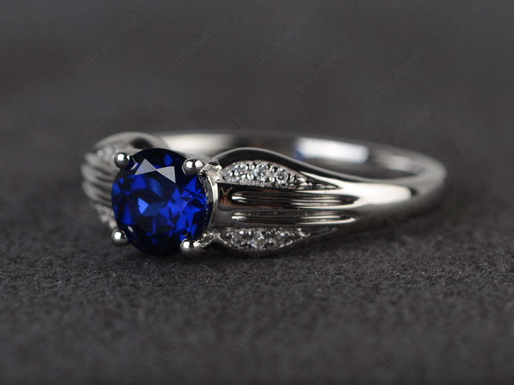 Vintage Lab Sapphire Wedding Ring Round Cut Gold - LUO Jewelry