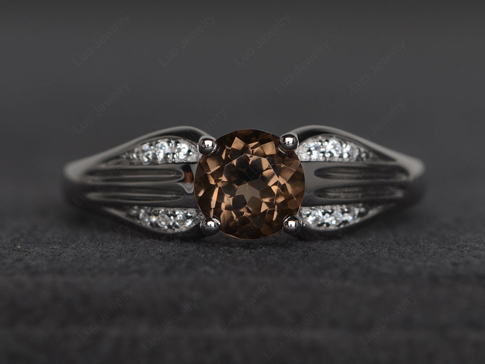 Vintage Smoky Quartz  Wedding Ring Round Cut Gold - LUO Jewelry