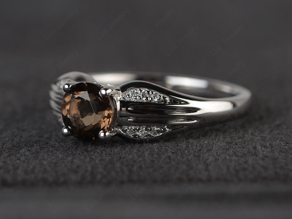 Vintage Smoky Quartz  Wedding Ring Round Cut Gold - LUO Jewelry