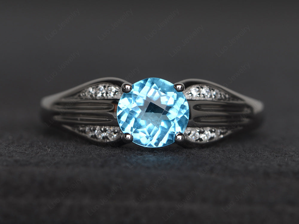 Vintage Swiss Blue Topaz Wedding Ring Round Cut Gold - LUO Jewelry