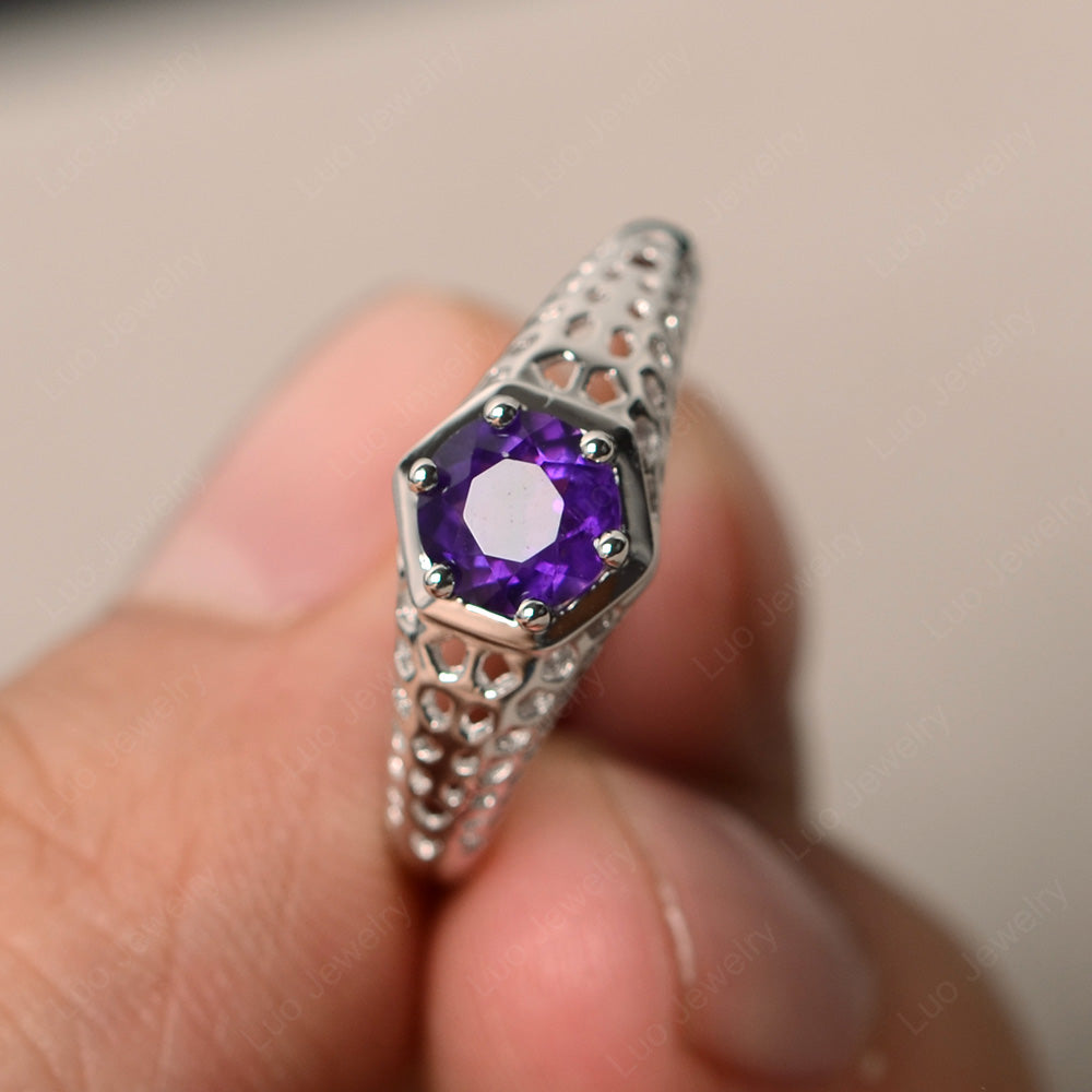 6 Prong Vintage Amethyst Solitaire Engagement Ring - LUO Jewelry