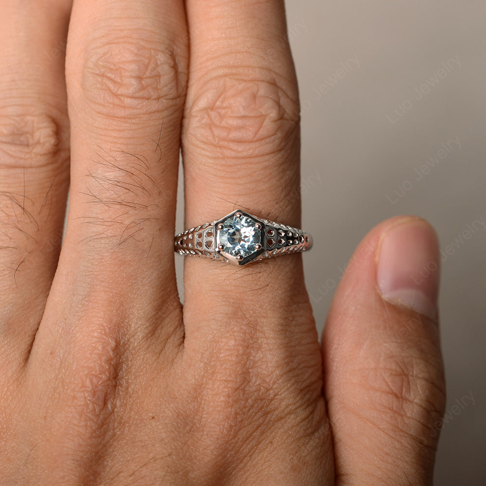 6 Prong Vintage Aquamarine Solitaire Engagement Ring - LUO Jewelry