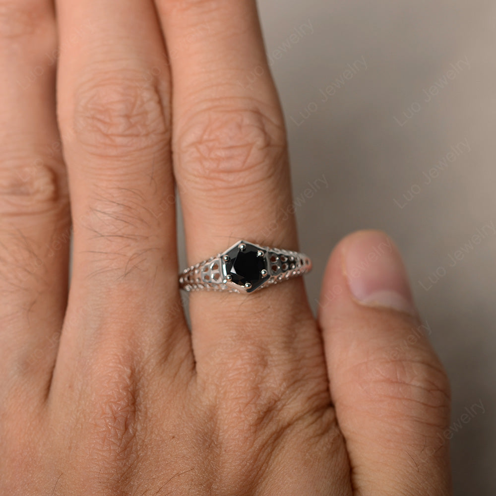 6 Prong Vintage Black Stone Solitaire Engagement Ring - LUO Jewelry