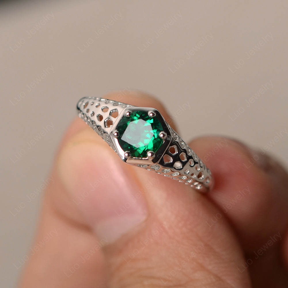 6 Prong Vintage Lab Emerald Solitaire Engagement Ring - LUO Jewelry