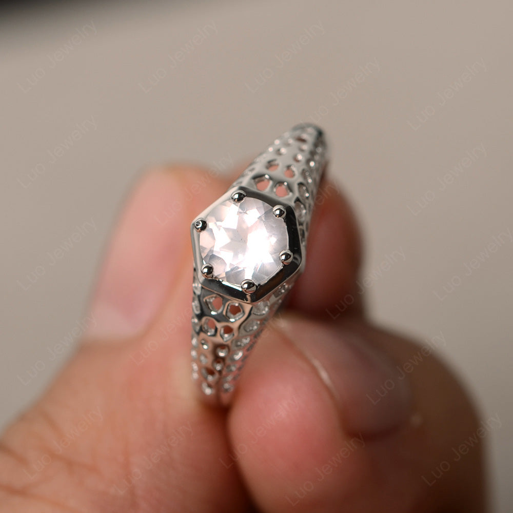 6 Prong Vintage Rose Quartz Solitaire Engagement Ring - LUO Jewelry