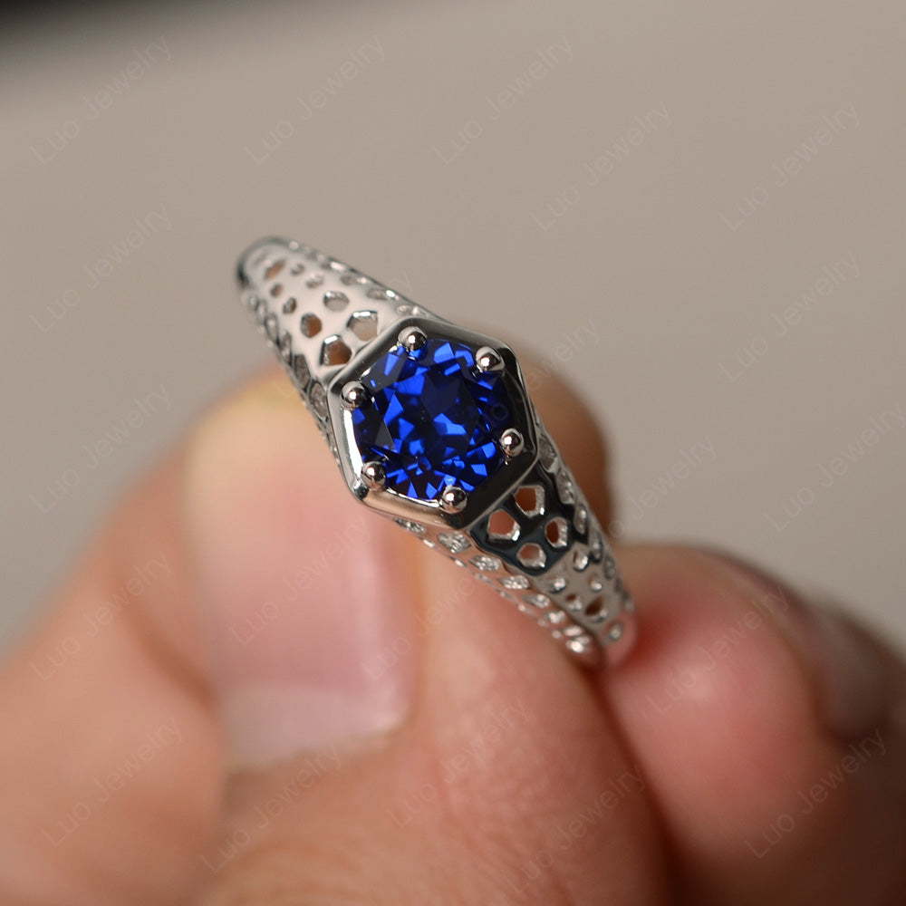 6 Prong Vintage Lab Sapphire Solitaire Engagement Ring - LUO Jewelry