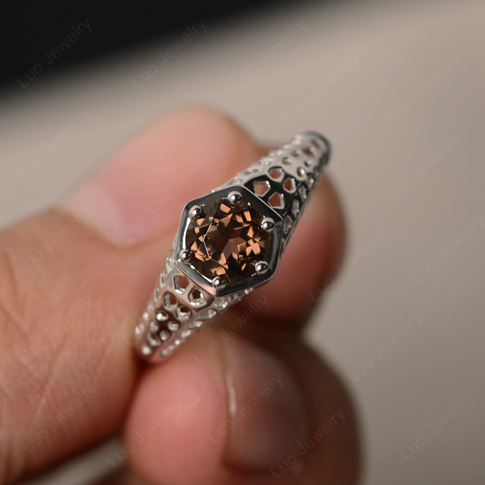 6 Prong Vintage Smoky Quartz  Solitaire Engagement Ring - LUO Jewelry
